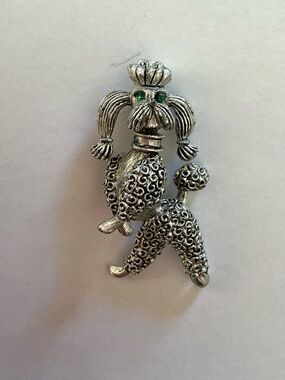 Vintage Adorable Silver Tone Poodle Brooch with Green Eyes-Signed JJ